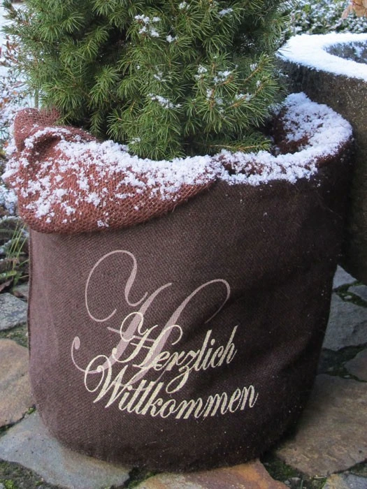 Jute-Übertopf "Herzlich Willkommen" 1 Jute-Übertopf "Herzlich Willkommen"